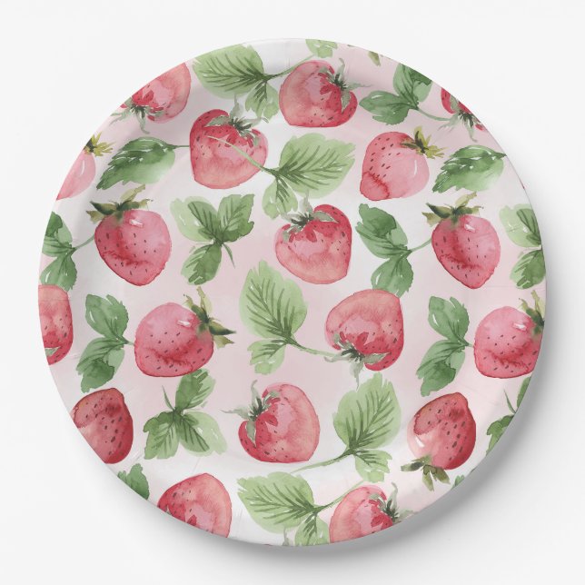 Cute Pink Strawberry Paper Plates (Front)