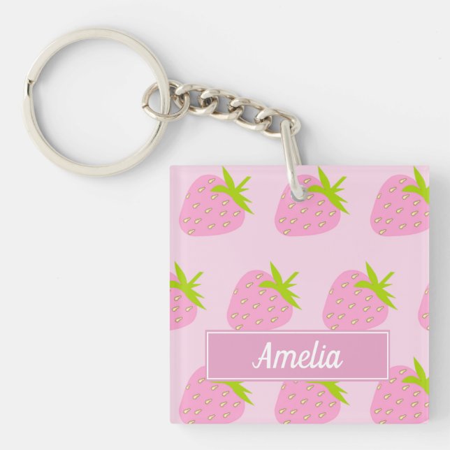 Cute Pink Strawberry Pattern Personalised Keychain (Front)