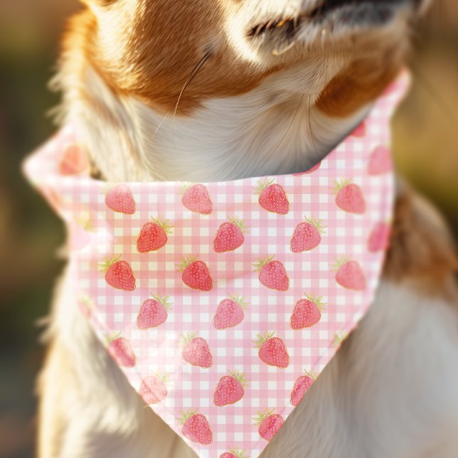 Cute Pink Strawberry Plaid Gingham Pet Dog Bandana (Creator Uploaded)