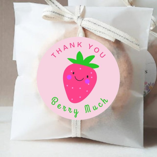 Cute Pink Strawberry Unique Typography Thank You Classic Round Sticker (Creator Uploaded)