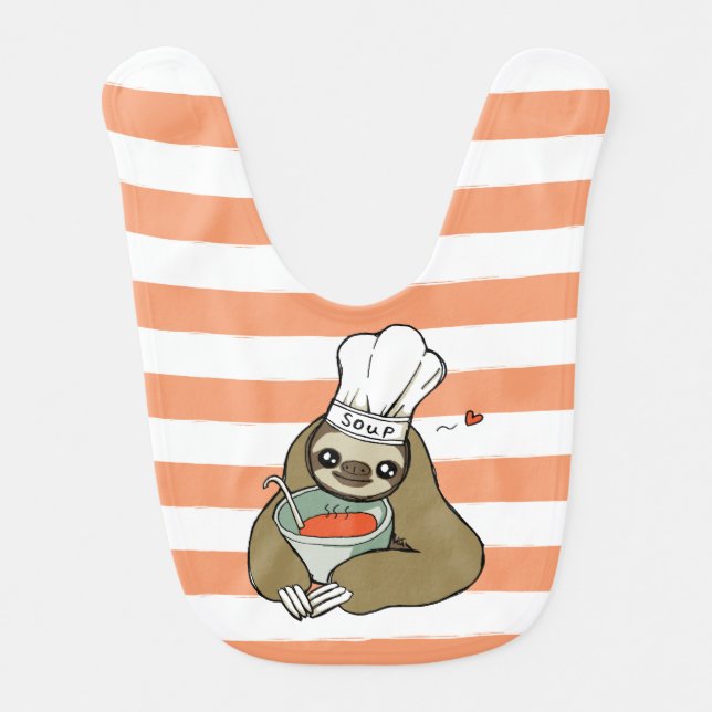 Cute Pink Striped Baby Bib with Soup Sloth Drawing (Front)