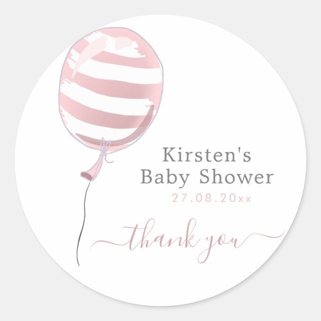 Cute Pink Striped Balloon - Baby Shower Thank You  Classic Round Sticker (Front)