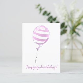 Cute Pink Striped Balloon - Kids Birthday Postcard