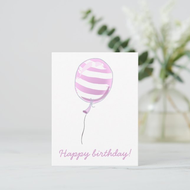Cute Pink Striped Balloon - Kids Birthday Postcard (Standing Front)