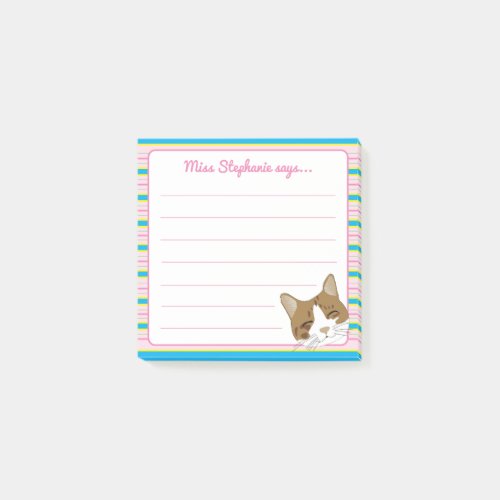 Cute Pink Striped Cat Face Teacher Name Post_it Notes