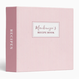 Cute Pink Striped Girly Recipe Cookbook 3 Ring Binder