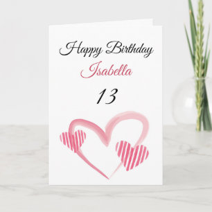Cute Pink Striped Painted Heart 13th Birthday Card