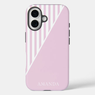 Cute Pink Striped Personalized Name iPhone 16 Case