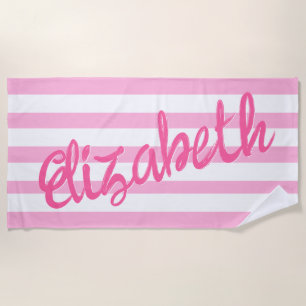 Cute Pink Striped Script Name Personalized Beach Towel