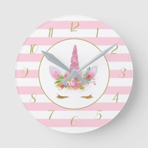 Cute Pink Striped Unicorn Face Round Clock