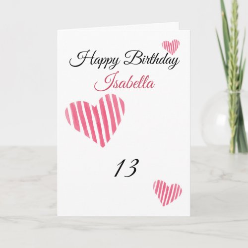 Cute Pink Striped Watercolor Hearts 13th Birthday Card