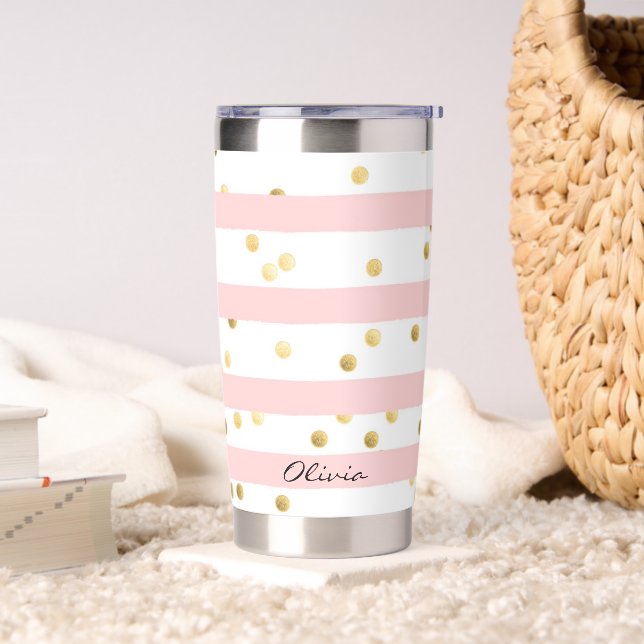 Cute Pink Stripes and Dots with Name Insulated Tumbler (Living Room)