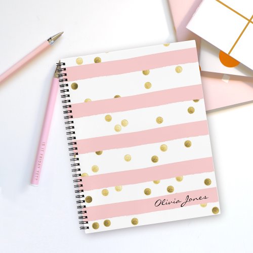 Cute Pink Stripes and Dots with Name Notebook