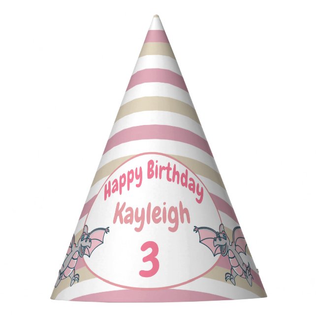 Cute Pink Stripes and Dragon Dinosaurs Party Hat (Front)