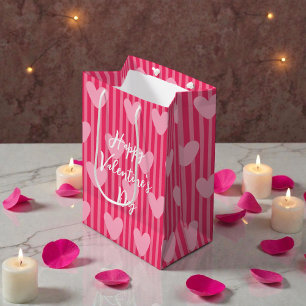 Cute Pink Stripes and Hearts Valentine Pattern Medium Gift Bag
