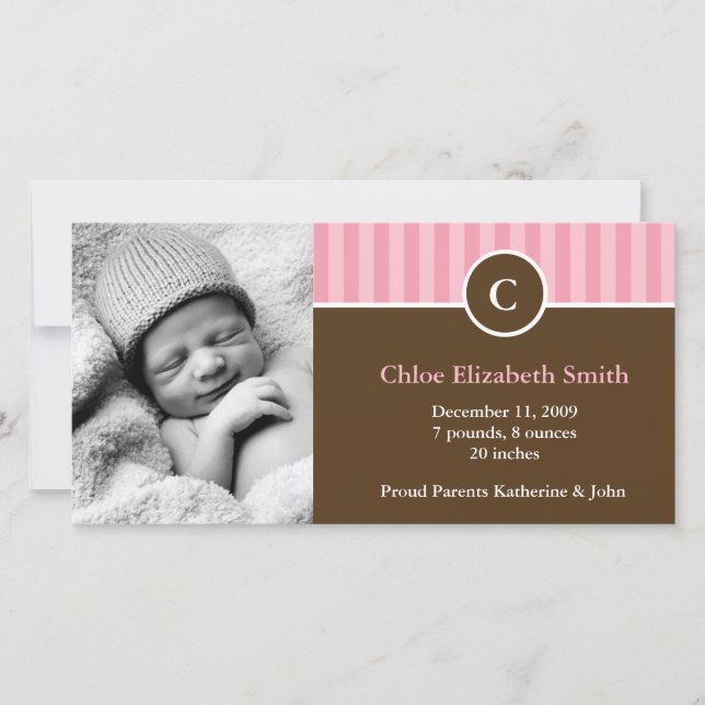 Cute Pink Stripes Baby Birth Announcements (Front)