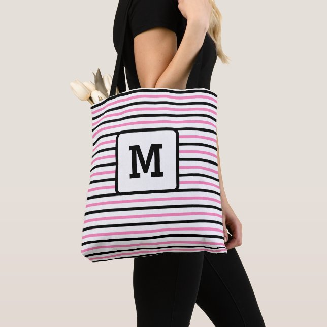 Cute Pink Stripes Custom Single Initial Black Tote (Close Up)