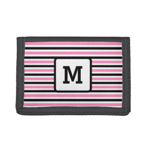 Cute Pink Stripes Custom Single Initial Black Tri-fold Wallet