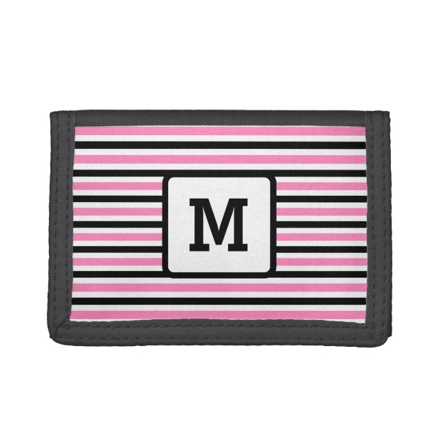 Cute Pink Stripes Custom Single Initial Black Tri-fold Wallet (Front)