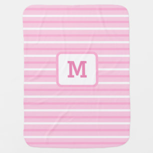 Cute Pink Stripes Custom Single Initial White Baby Blanket