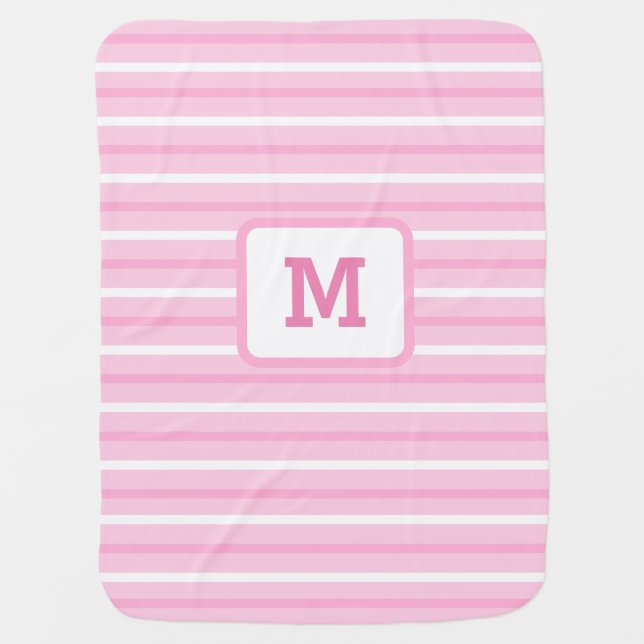 Cute Pink Stripes Custom Single Initial White Baby Blanket (Front)