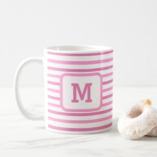 Cute Pink Stripes Custom Single Initial White Coff Coffee Mug