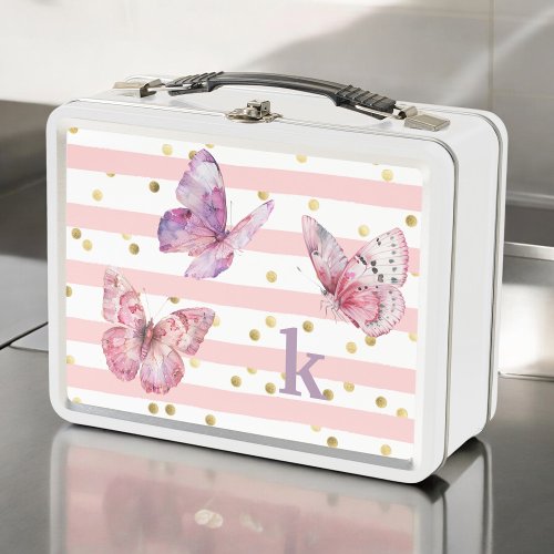 Cute Pink Stripes Dots Butterflies and Monogram Metal Lunch Box