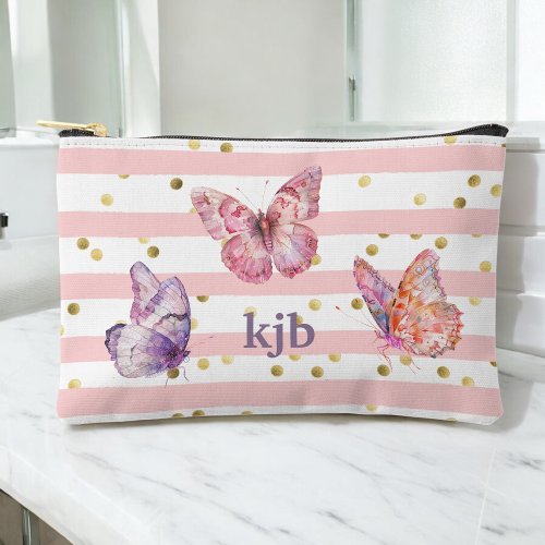 Cute Pink Stripes Dots Butterflies Monogram Girls Accessory Pouch