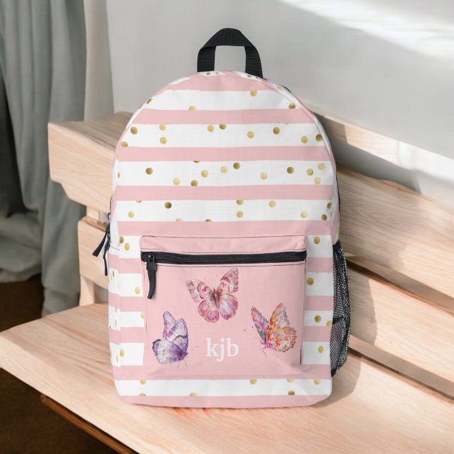 Cute Pink Stripes Dots Butterflies Monogram Girls Printed Backpack (Personalize with your monogram initials or name.)