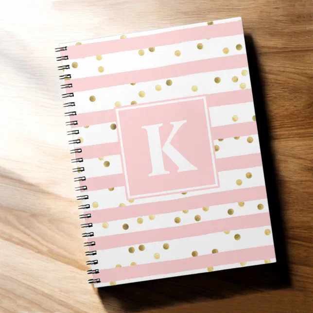 Cute Pink Stripes Gold Dots Pattern Any Monogram Notebook | Zazzle