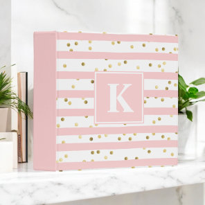 Cute Pink Stripes Gold Dots Pattern with Monogram 3 Ring Binder