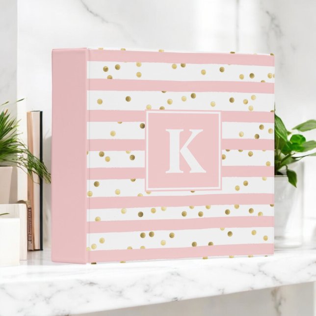 Cute Pink Stripes Gold Dots Pattern with Monogram 3 Ring Binder (Creator Uploaded)
