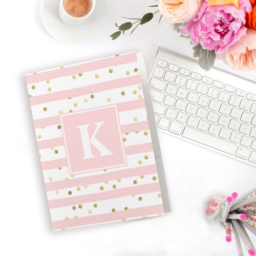 Cute Pink Stripes Gold Dots Pattern with Monogram Pocket Folder