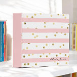 Cute Pink Stripes Gold Dots Pattern with Name 3 Ring Binder<br><div class="desc">An adorable pattern for girls with horizontal pink and white stripes with golden dots scattered about make this a cute choice in notebooks for home, office, or back to school. A text template along the lower right side of the design spells out your name or other desired text. Simply personalize...</div>