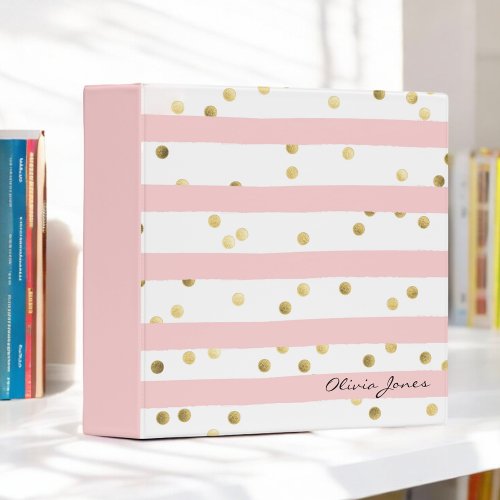 Cute Pink Stripes Gold Dots Pattern with Name 3 Ring Binder