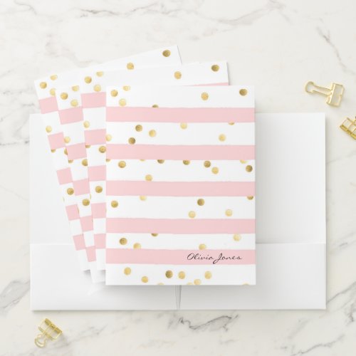 Cute Pink Stripes Gold Polka Dots with Name Pocket Folder