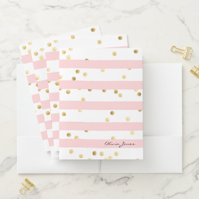 Cute Pink Stripes Gold Polka Dots with Name Pocket Folder (In Situ)