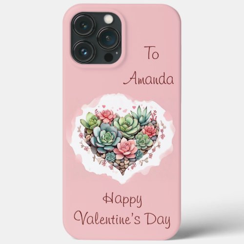 Cute Pink Succulent Heart Valentines Day iPhone 13 Pro Max Case