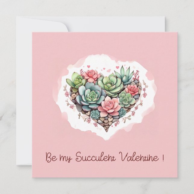 Cute Pink Succulent Heart Valentines Day Holiday Card (Front)