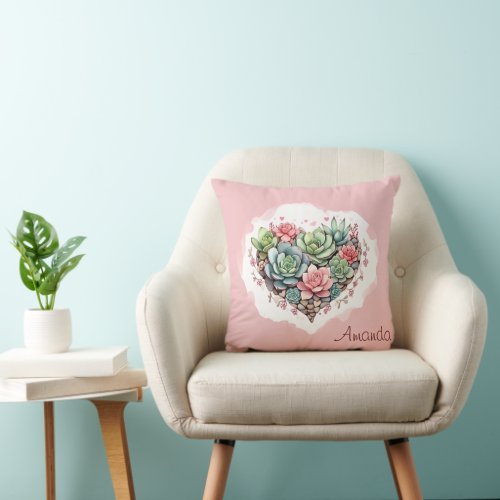 Cute Pink Succulent Heart Valentines Day Throw Pillow