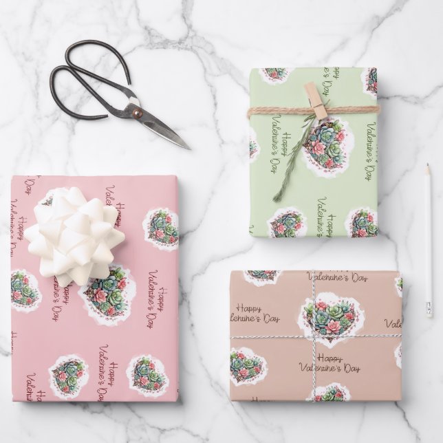 Cute Pink Succulent Heart Valentines Day Wrapping Paper Sheets (Front)