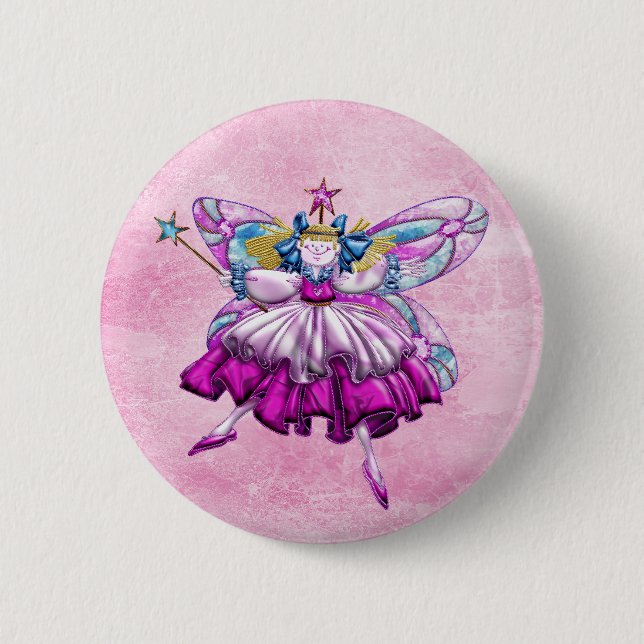 Cute Pink Sugar Plum Fairy Printed Jewel Effect Button (Front)