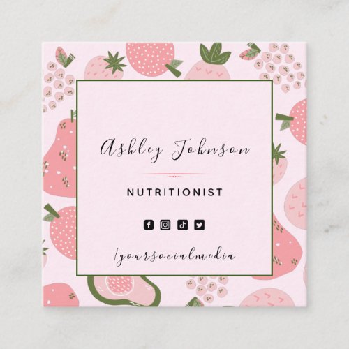 Cute Pink Summer Fruit Berry Pattern Nutritionist Square Business Card