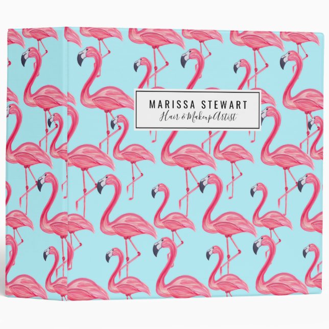 Cute Pink Summer Painted Flamingo Pattern Blue 3 Ring Binder (Front/Spine)