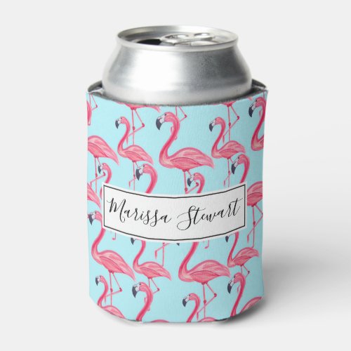 Cute Pink Summer Painted Flamingo Pattern Blue Can Cooler