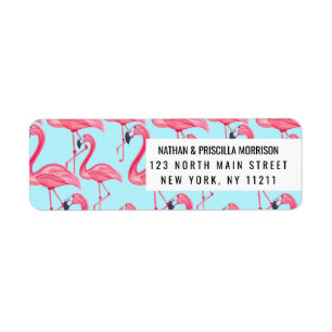 Cute Pink Summer Painted Flamingo Pattern Blue Label
