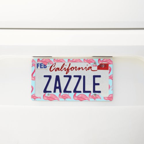 Cute Pink Summer Painted Flamingo Pattern Blue License Plate Frame