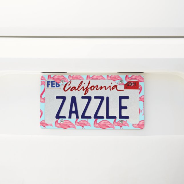 Cute Pink Summer Painted Flamingo Pattern Blue License Plate Frame (On Car)