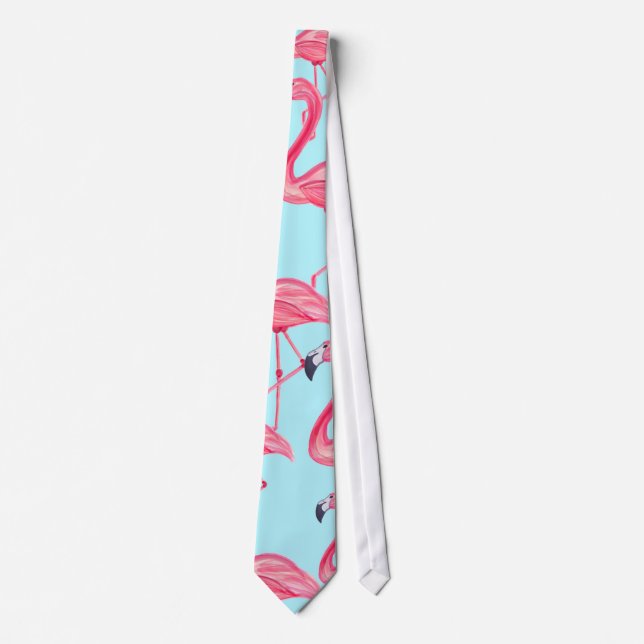 Cute Pink Summer Painted Flamingo Pattern Blue Neck Tie (Front)