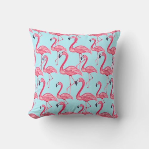 Cute Pink Summer Painted Flamingo Pattern Blue Throw Pillow